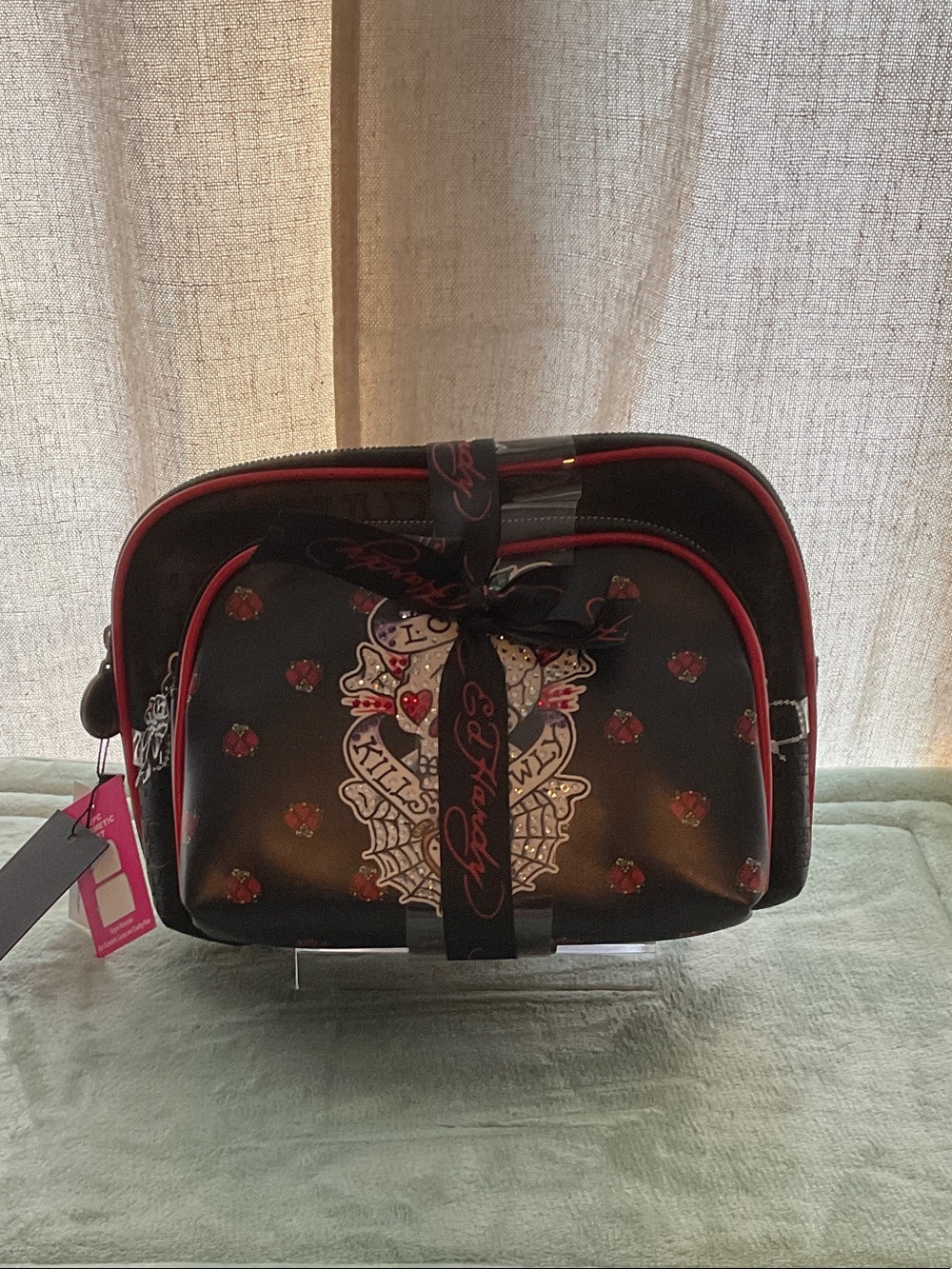 Ed Hardy Black Cosmetic Bag with Red Trim and Graphic Print
